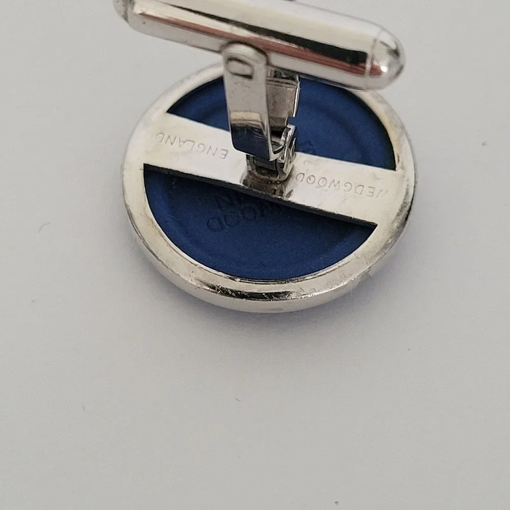 Wedgwood Blue Jasperware Sailing Ship Cufflinks Vintage Silver Tone England